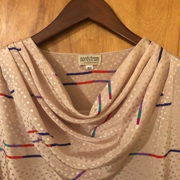 Vintage 70s 80s Nordstrom Cream Red Purple Cowl Neck  short sleeve blouse - Picture 4 of 7